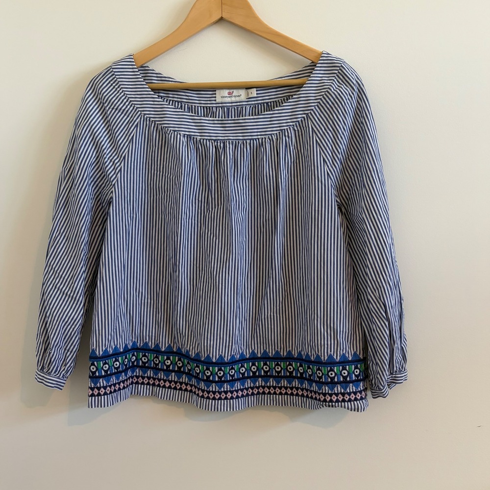 Vineyard Vines Blue White Striped Embroidered Hem Cotton Blouse Small